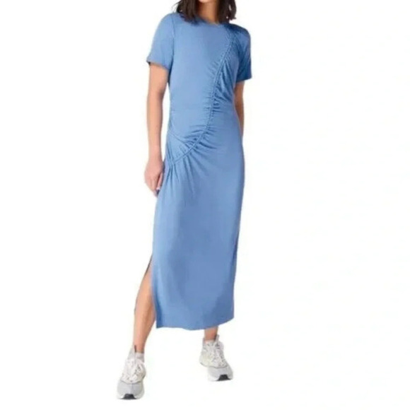 Sweaty Betty Dresses & Skirts - Sweaty Betty Blue Ambiance Ruched Tie Maxi Dress Grey Blue Short Sleeve Size XS
